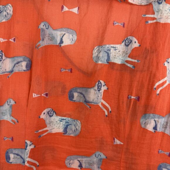 Anthropologie Meadow Rue Orange Dog Print Blouse 10P Ruffle Pleated Sheer Cotton - Picture 11 of 15